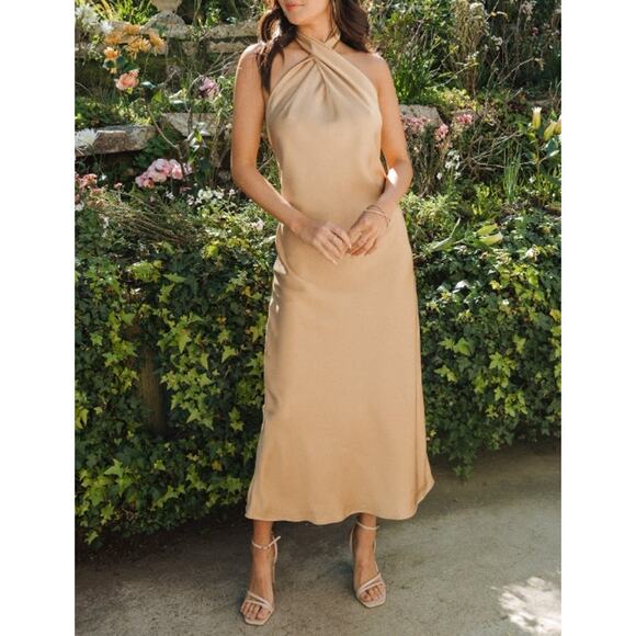 NWT Show Me Your Mumu Jasmine Halter Midi Dress in True Gold Luxe Satin - Picture 9 of 9